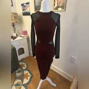 French Connection Burgundy Dress with Black Mesh Accents